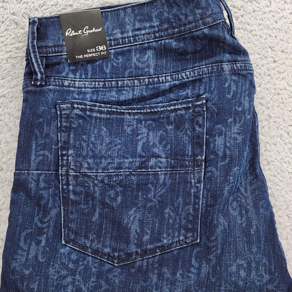 Robert Graham The Perfect Fit Jeans Mens 36x32 Dark Indigo Floral Stretch Denim - Picture 14 of 16
